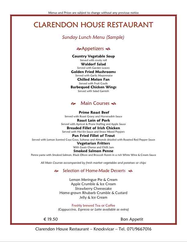 Clarendon House Restaurant - Sunday Lunch Menu